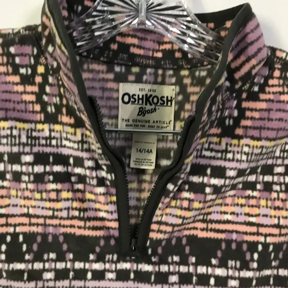 Osh Kosh Top Size 14 Girls Long Sleeve Pullover Quarter Zip Striped Floral Gray